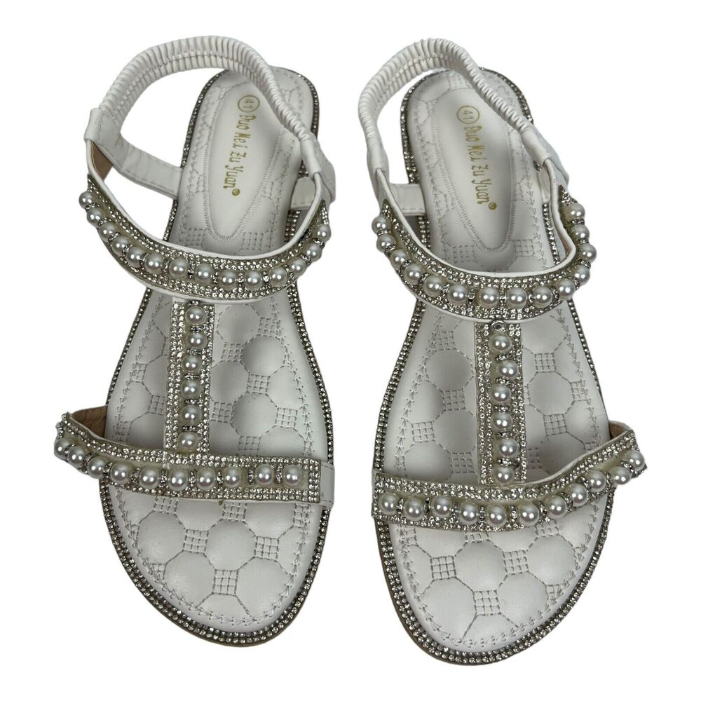 Duo Mei Zu Yuan Women’s Sandals Size EU 41 US 10 Rhinestones Pearls With Silver